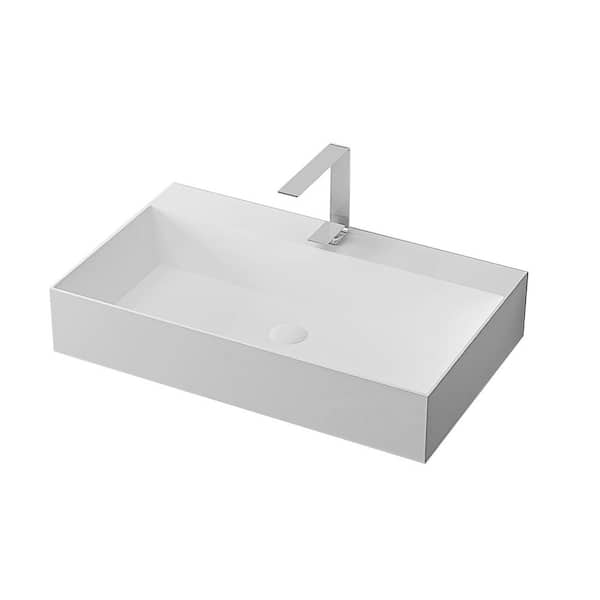 36 in. Vessel Solid Surface Bathroom Sink in Matte White with Faucet Hole