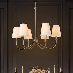 Transitional Plated Brass Linear Chandelier with White Cone Fabric Shades 6-Light Vintage Candlestick Hanging Light