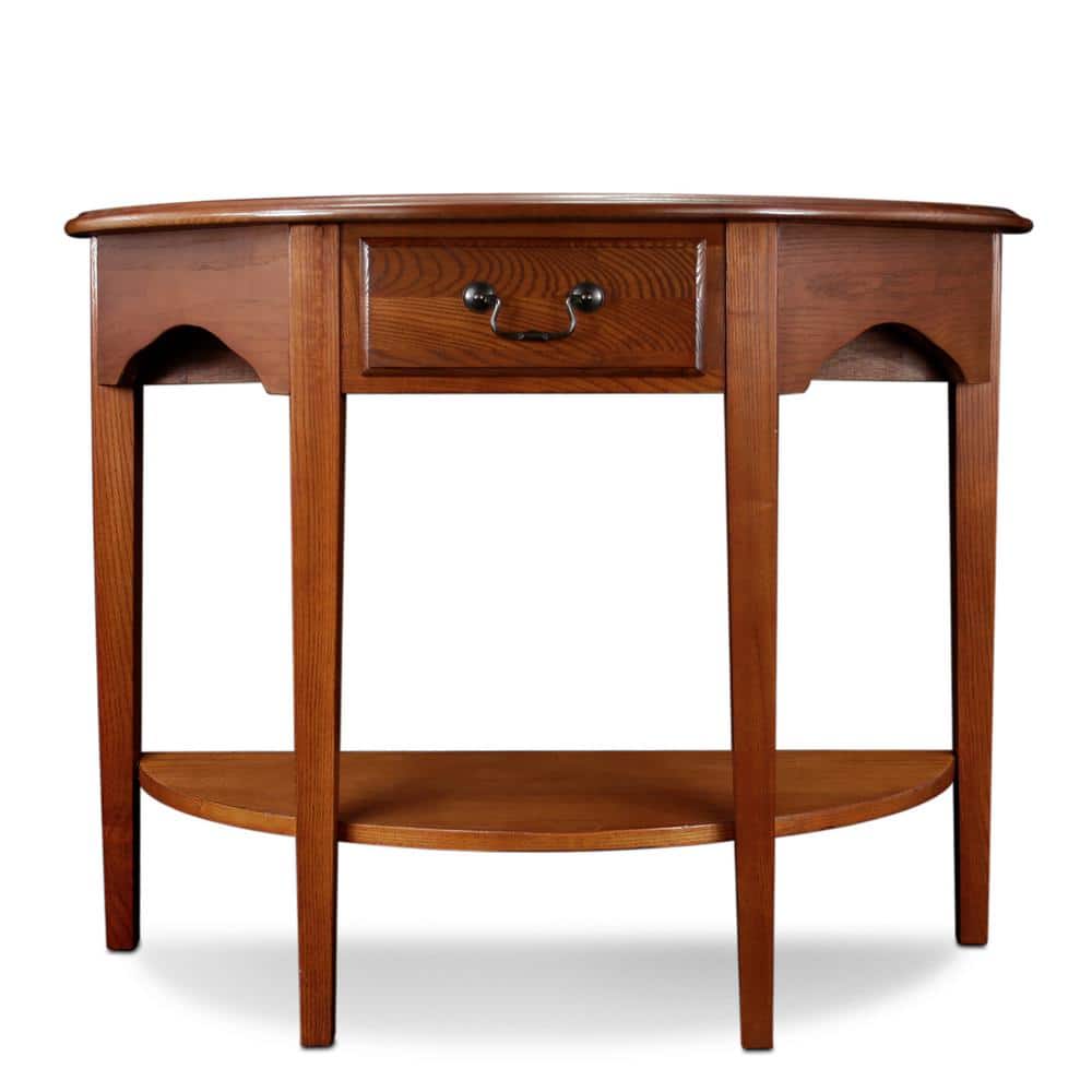 Medium Oak Demilune Console Table with Drawer and Shelf
