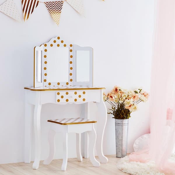 White/ Rose Gold Teamson Kids TD-11670M Fashion Polka Dot Prints Gisele Toy Vanity Set