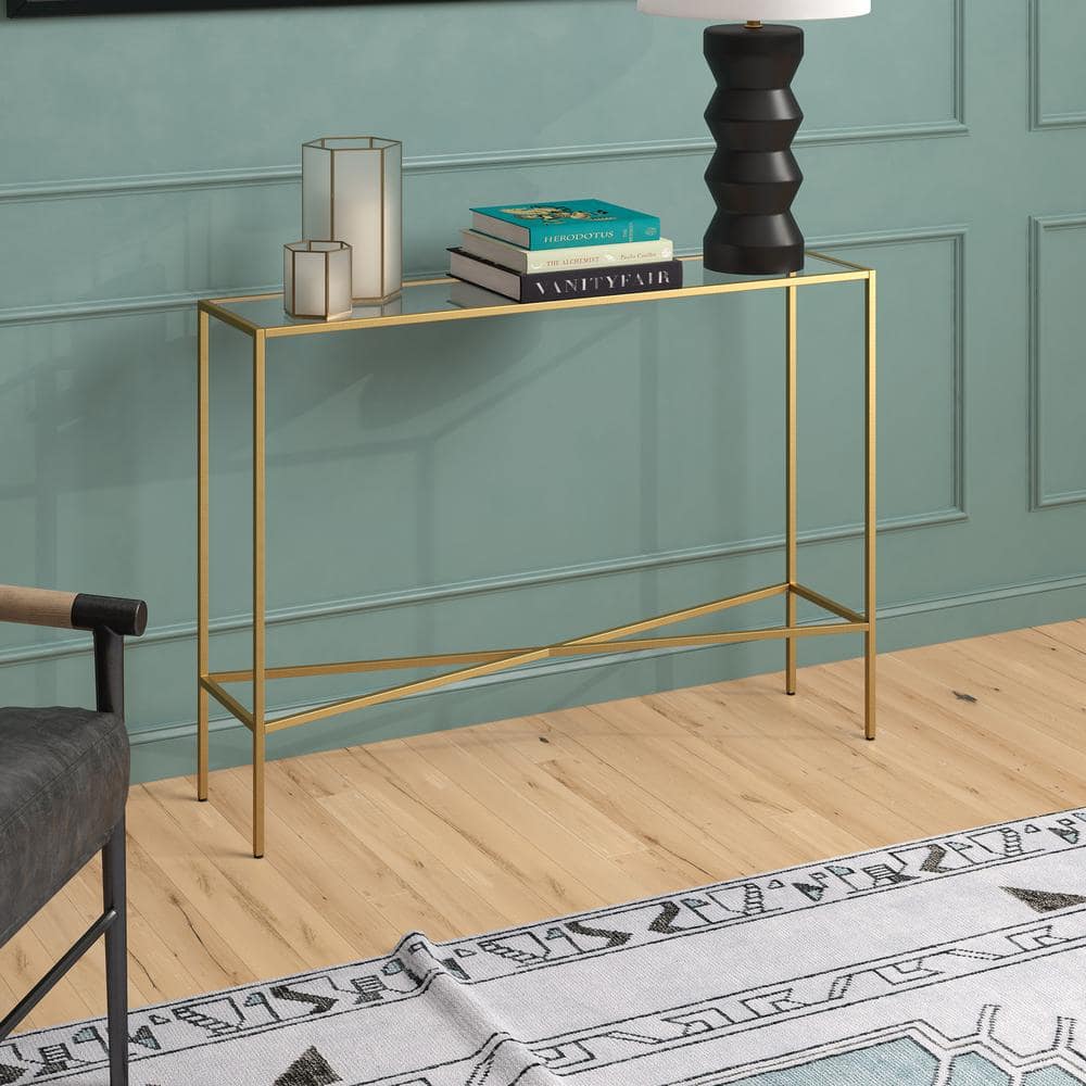 Modern Industrial Brass & Glass Console Table - 42" Wide