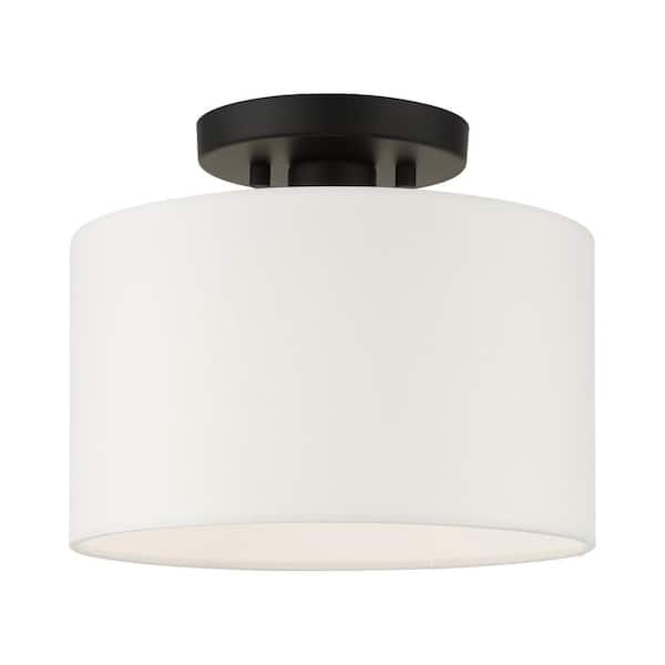 Mercury 10 in. 1-Light Black Semi Flush Mount with Off-White Fabric Shade