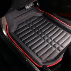 Red Black Faux Leather Liners Deep Tray Car Floor Mats with Anti-Skid Backing - Front Set