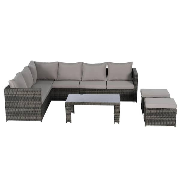 6-Piece Wicker Outdoor Sectional Sofa Set with Light Gray Cushions and Coffee Table