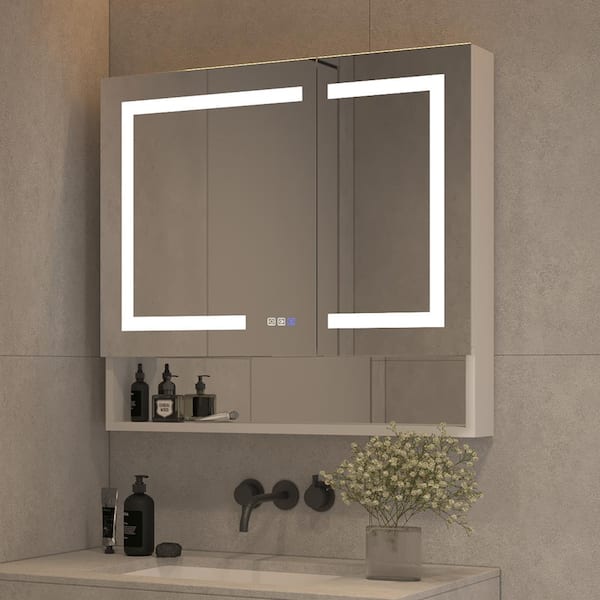 Xzkai 36 in. W x 32 in. H Rectangular LED Anti-Fog Medicine Cabinet with Mirror and Clock, USB Outlet