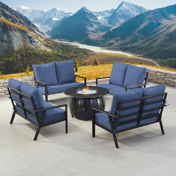 Oakland Living Black 7-Piece Aluminum Patio Fire Pit with 4-Deep Seating Loveseat Blue Cushions