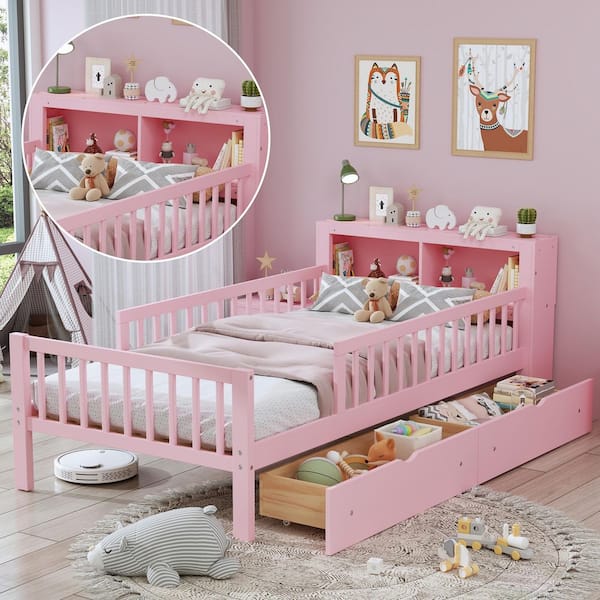 Pink Twin Size Kids Platform Bed with Storage Headboard Rack, Safety Guardrails and 2-Drawers
