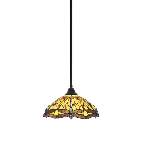 Unbranded Sparta 100-Watt 1-Light Espresso Stem Pendant Light with Amber Dragonfly Art Glass and Light Bulb Not Included