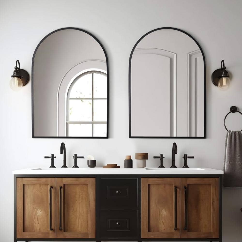26 in. W x 38 in. H Arched Mirror for Bathroom Entryway Wall Decor Metal Fr