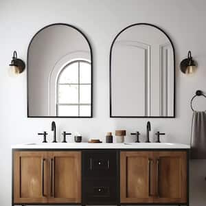 26 in. W x 38 in. H Arched Mirror for Bathroom Entryway Wall Decor Metal Frame Wall Mounted Mirror in Black, (Set of 2)