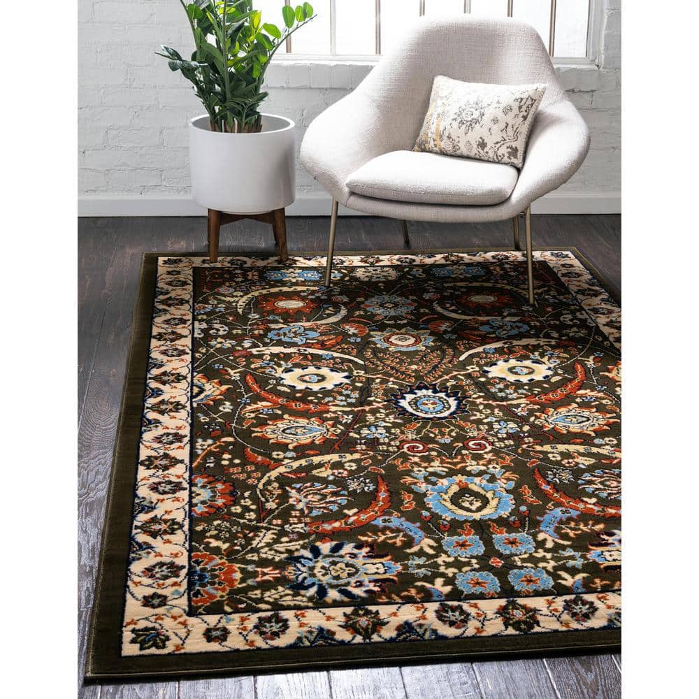 Elegant Espahan Green Rectangular Easy-Care Synthetic Rug