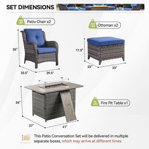 Arcline 5-Piece Gray Wicker Fire Pit Conversation Set with Olefin Blue Cushions and Lounge Chairs and Ottoman
