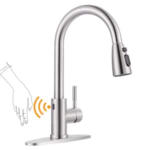 Touchless Single Handle Pull Down Sprayer Kitchen Faucet with Deck Plate in Brushed Nickel