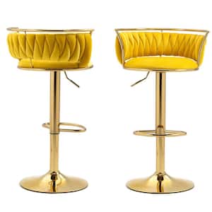 38.5 in. Yellow Low Back Metal Frame Swivel Adjustable Height Bar Stool with Velvet Seat (Set of 2)