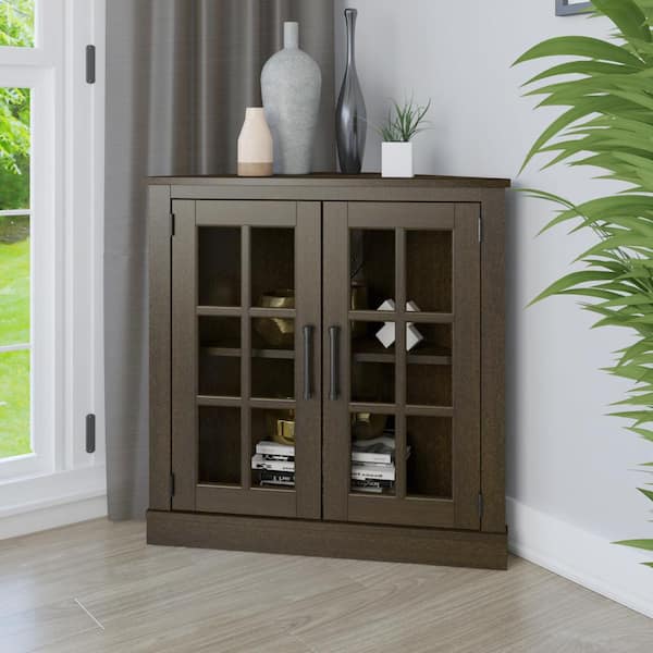 Twin Star Home Stanton Birch Corner Accent Cabinet with Double Glass Doors