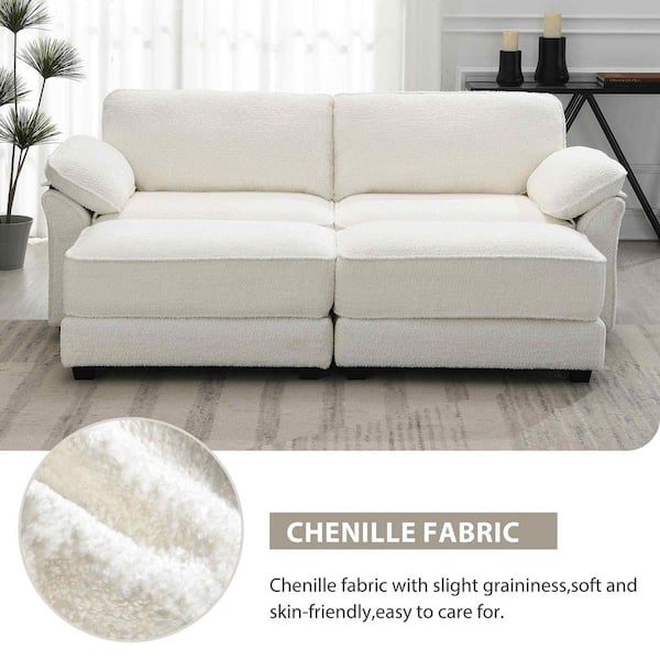 81 in. Square Arm Chenille Rectangle Sofa with Ottoman in White