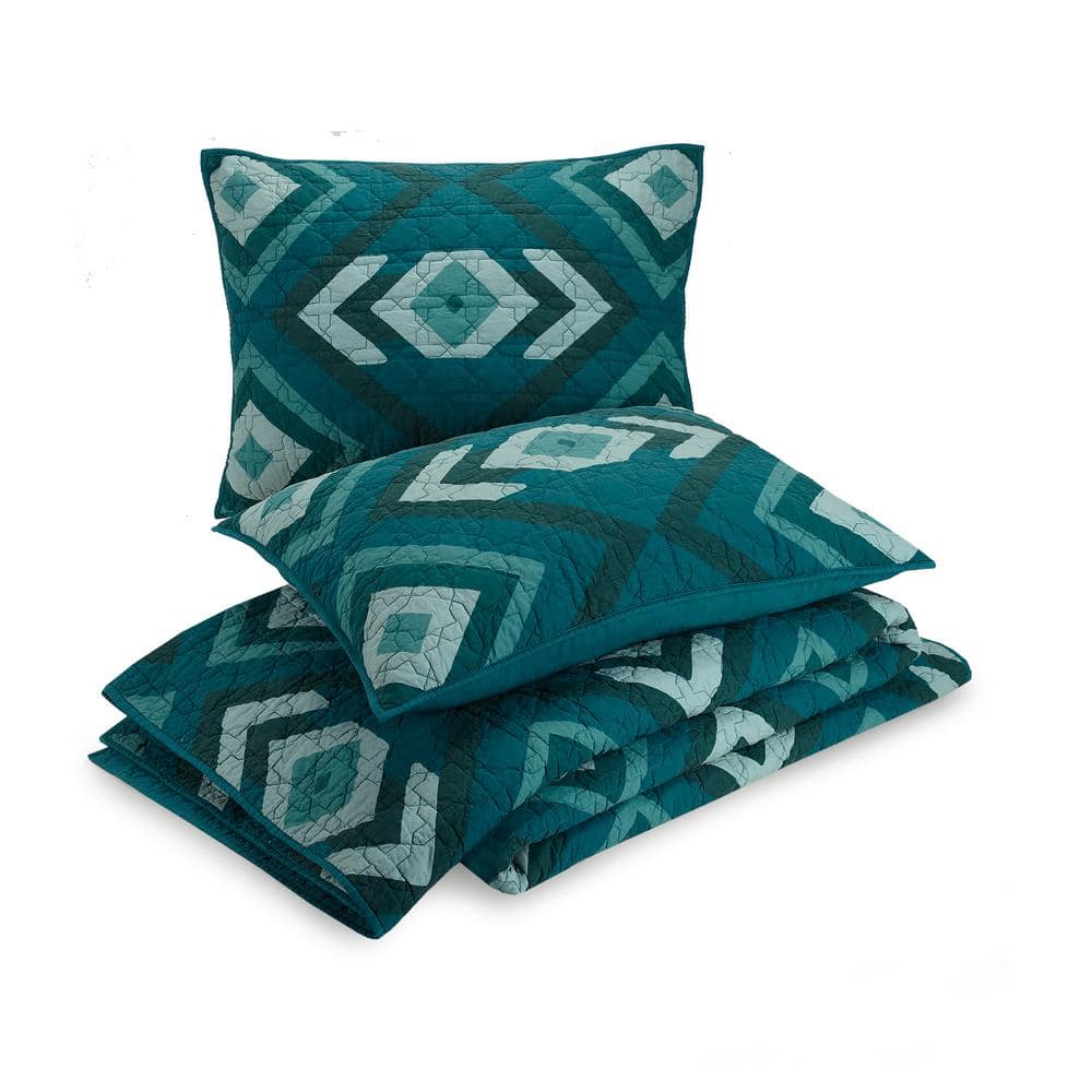 Teal and Aqua Cotton Full/Queen Quilt Set with Geometric Pattern