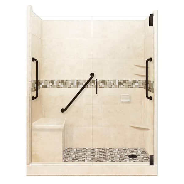 American Bath Factory Tuscany Freedom Grand Hinged 32 in. x 60 in. x 80 in. Right Drain Alcove Shower Kit in Desert Sand and Old Bronze