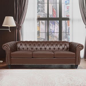 84 in. Rolled Arm 3-Seater Nailhead Trim Sofa in Brown
