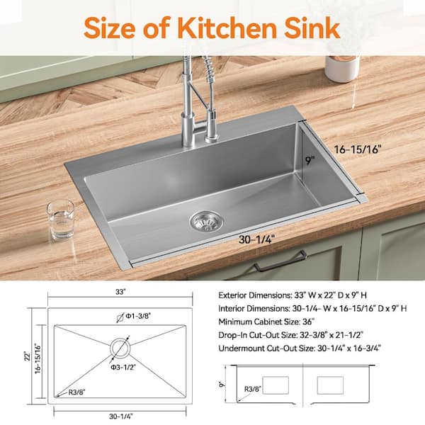 TECASA 33 in. Drop-In/Undermount Single Bowl 18-Gauge Gunmetal