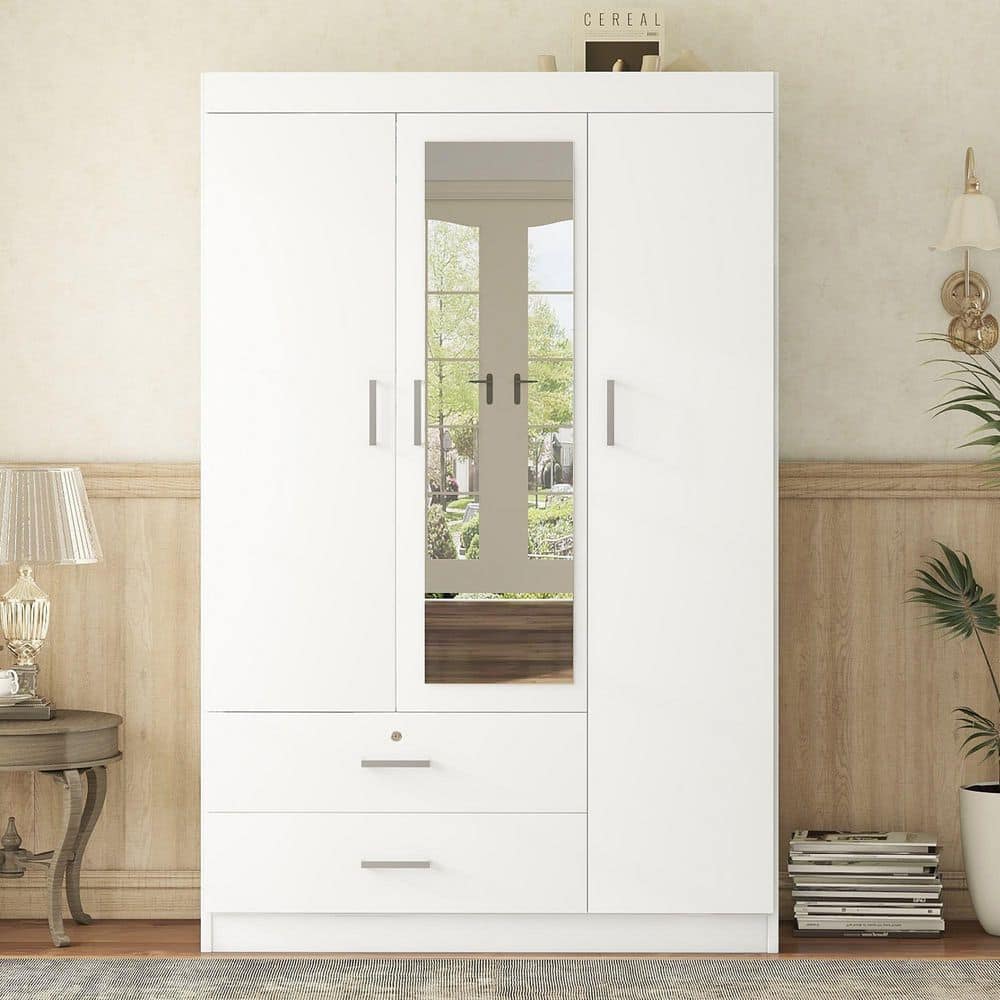 ホワイト 3ドアキャビネット Polibi White Plywood 41.3 in. Wardrobe with 3-Door Mirror and
