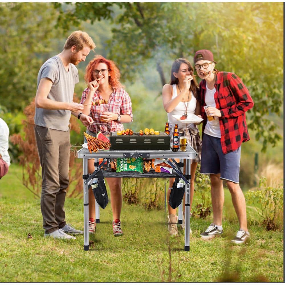 Adjustable White Steel Folding Camping Table with Mesh Bag
