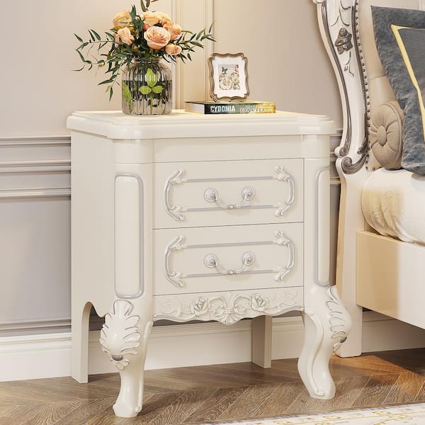 BYBLIGHT Fenley 20 in. White Rectangular Engineered Wood End Table with 2-Drawers, Side Table, Nightstand for Bedroom,living Room