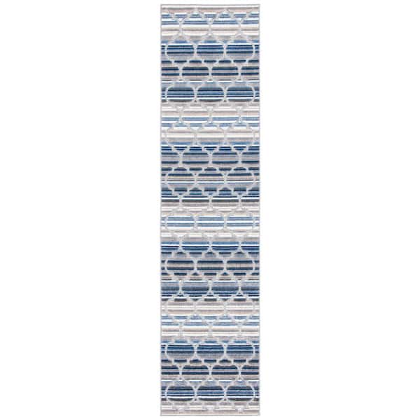 Cabana Blue/Gray 2 ft. x 7 ft. Striped Trellis Indoor/Outdoor Runner Rug