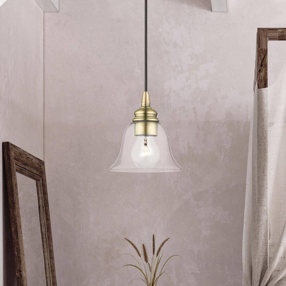 Transitional Hand-Blown Clear Glass Pendant in Antique Brass