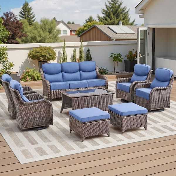 Moonluxe 8-Piece Brown Wicker Patio Conversation Set with Navy Blue Olefin 6 in. Thick Cushion Patio Swivel Chairs