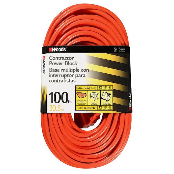 100 ft. 14/3 SJTW Multi-Outlet (3) Outdoor Heavy-Duty Extension Cord, Orange