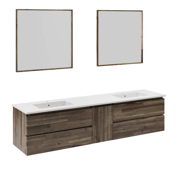 Fresca Formosa 84 in. Double Sink Wall Mount Floating Acacia Bath Vanity with White Quartz Top, Ceramic Sinks and Mirrors