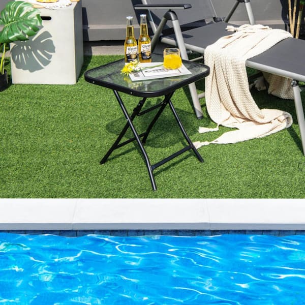 18 in. W Black Square Foldable Metal Patio Side Table with Tempered Glass Top for Outdoor, Deck, Balcony or Bistro