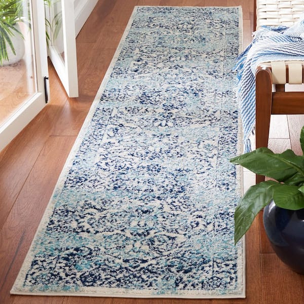 Tulum 2 ft. x 9 ft. Ivory/Blue Distressed Abstract Floral Runner Rug