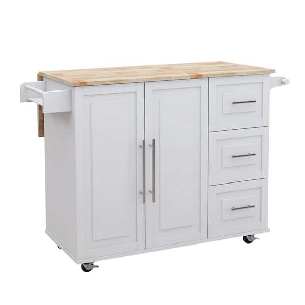 Tileon White Kitchen Island with Extensible Solid Wood Folding Table Top and Towel Rack
