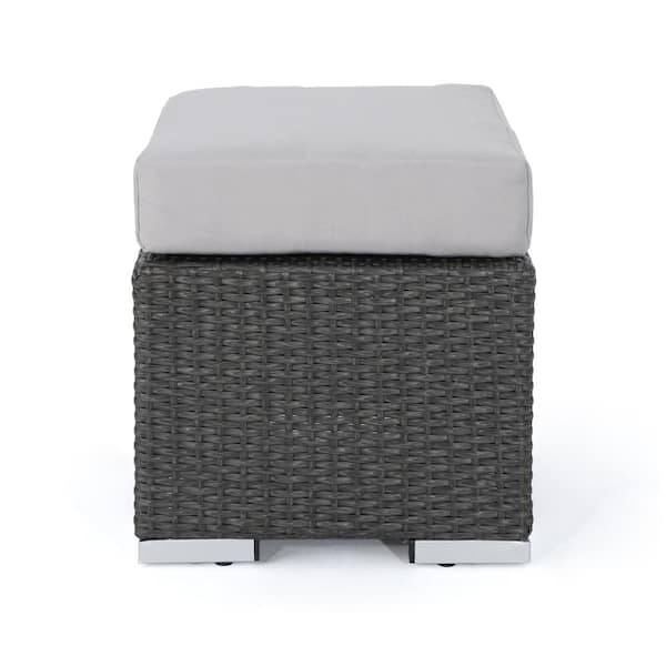 Gray Wicker Outdoor Patio Ottoman with Silver Cushion