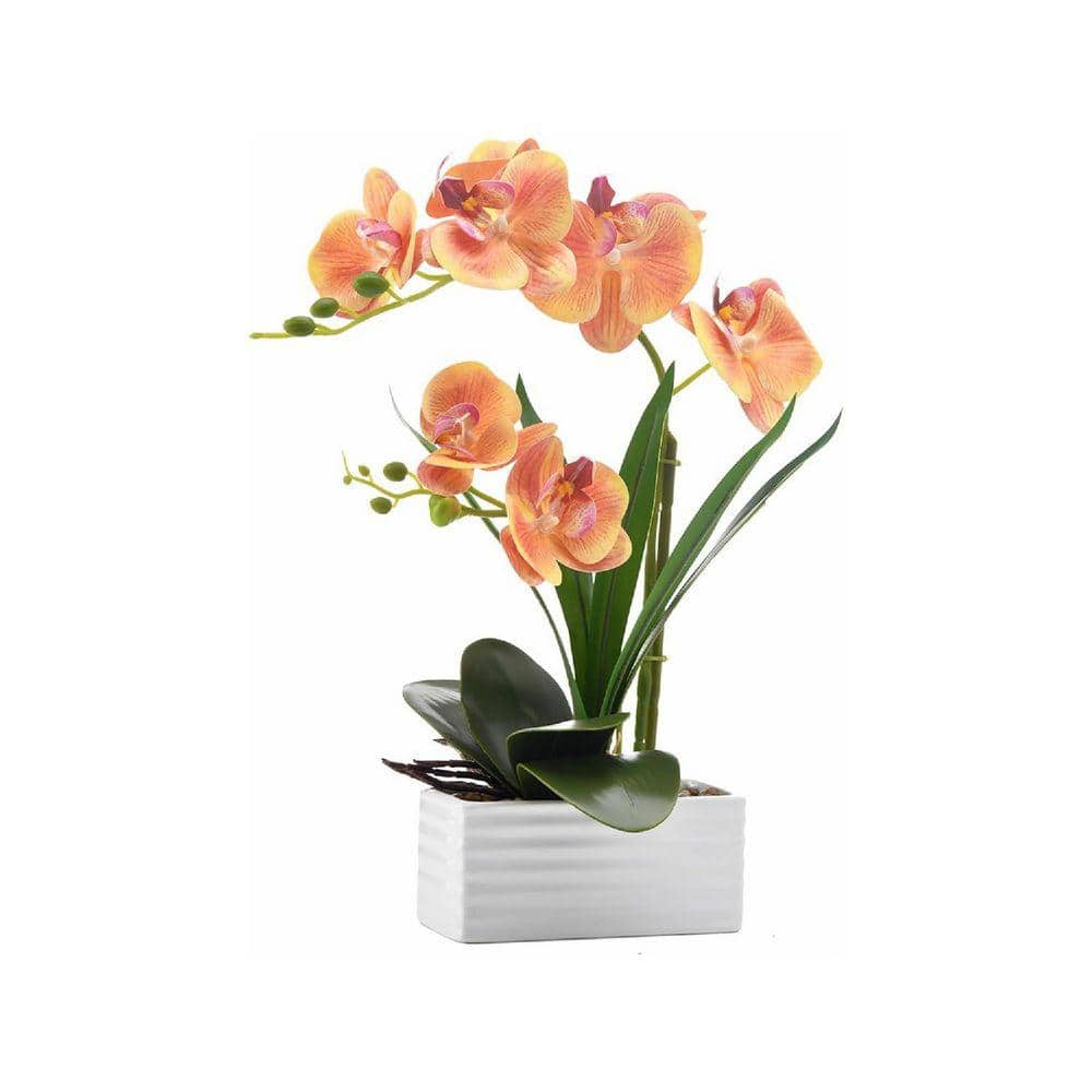 15 in. Orange Indoor Artificial Orchid Flower in Ceramic Pot