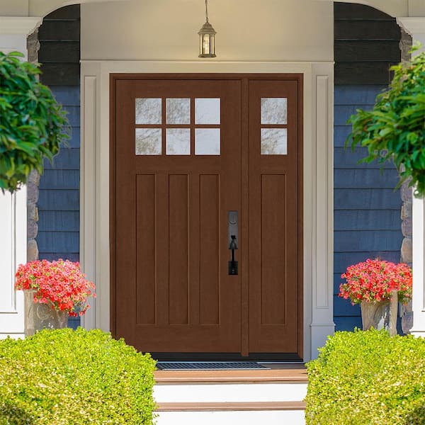 Regency 53 in. x 80 in. 6-Lite Top Lite Clear Glass LHIS Mahogany Fiberglass Prehung Front Door 14 in. Side Lite