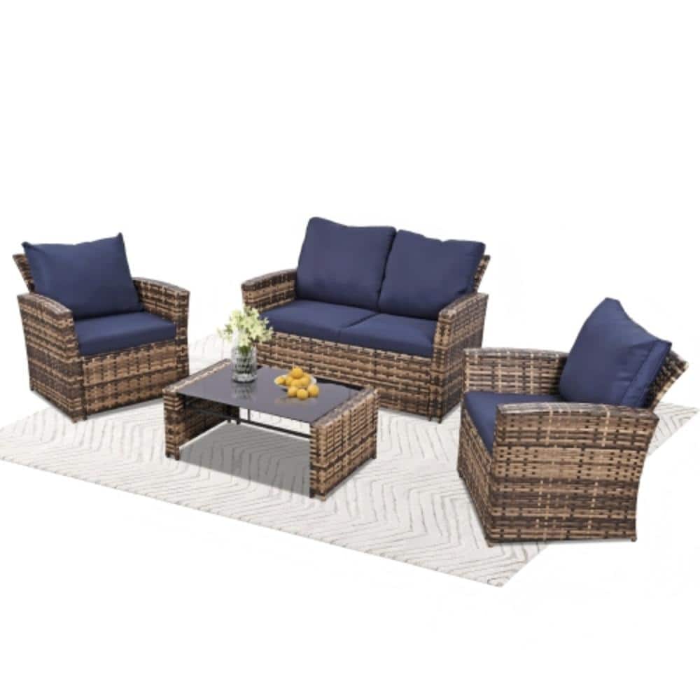 4-Piece Wicker Patio Conversation Set with Blue Cushions, Waterproof price history on PriceWatchPro