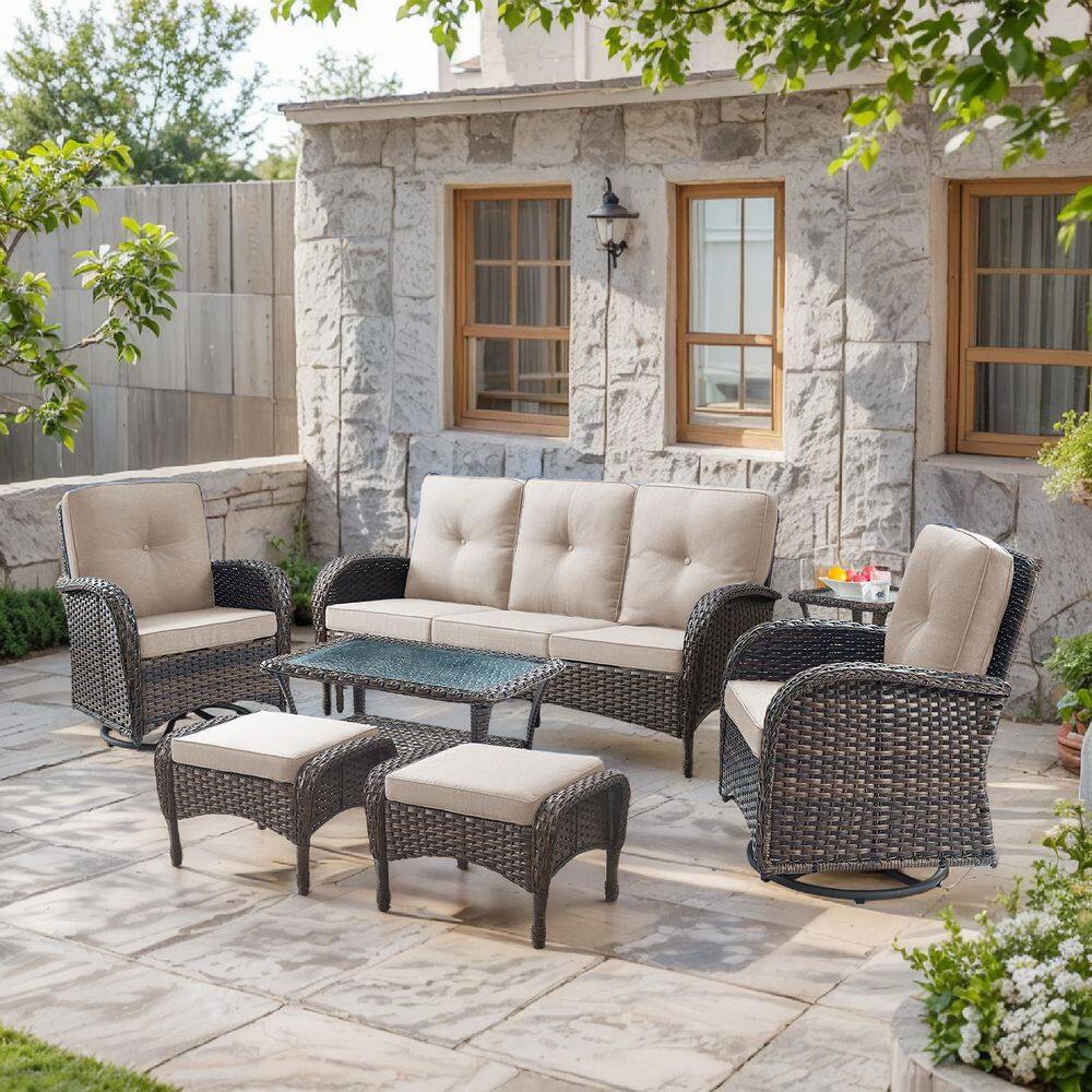 SleekArm 7-Piece Brown Wicker Patio Conversation Set with Olefin Beige Cushion and Outdoor Swivel Glider Chairs price history on PriceWatchPro