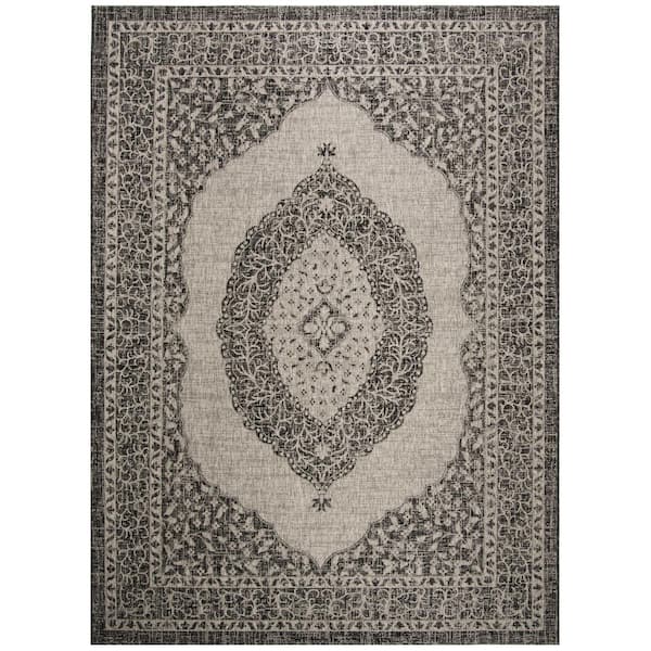 Courtyard Light Gray/Black 8 ft. x 11 ft. Border Indoor/Outdoor Patio  Area Rug
