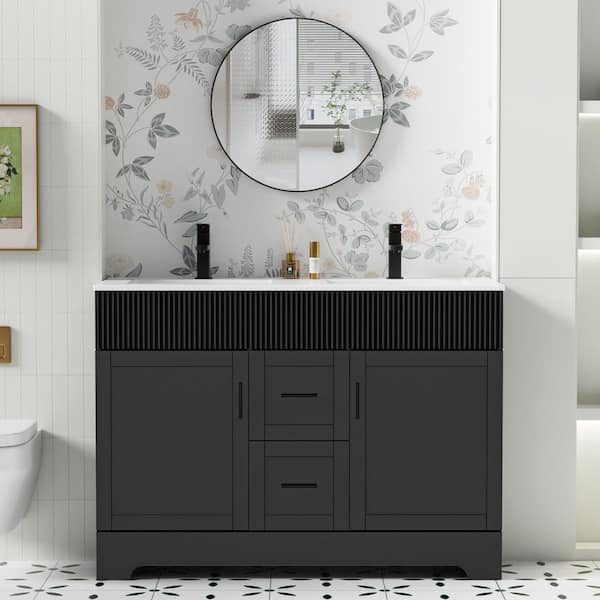 48 in. W. x 18.3 in. D x 34 in. H Double Sink Freestanding Bath Vanity in Black with White Resin Top Drain Faucet Set