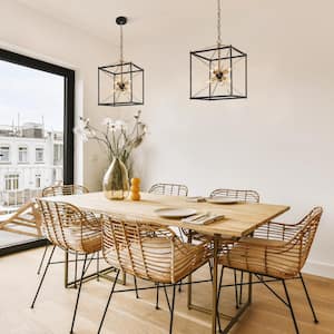 Modern Farmhouse 6-Light Black Square Caged Chandelier, 14 in. Brass Sputnik DIY Pendant Hanging Light for Dining Room