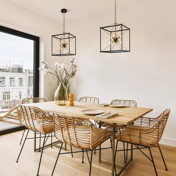 Modern Farmhouse 6-Light Black Square Caged Chandelier, 14 in. Brass Sputnik DIY Pendant Hanging Light for Dining Room