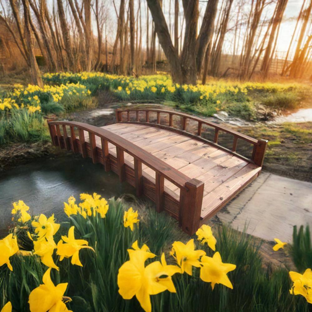 6-Foot Brown Arched Wooden Japanese Garden Bridge
