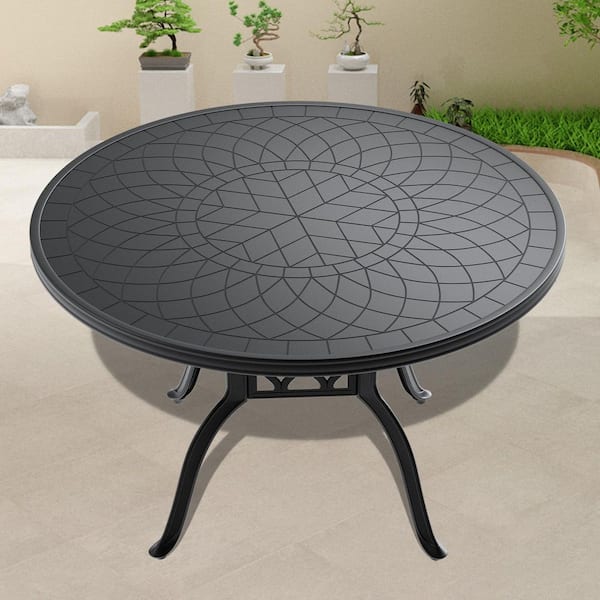 47.2 inch Black Frame Cast Aluminum Patio Dining Table With Carved Texture on the Tabletop