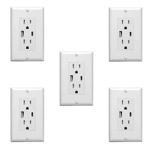 White 15 Amp Tamper Resistant Duplex Outlet with USB-A and USB-C Charger (5-Pack)