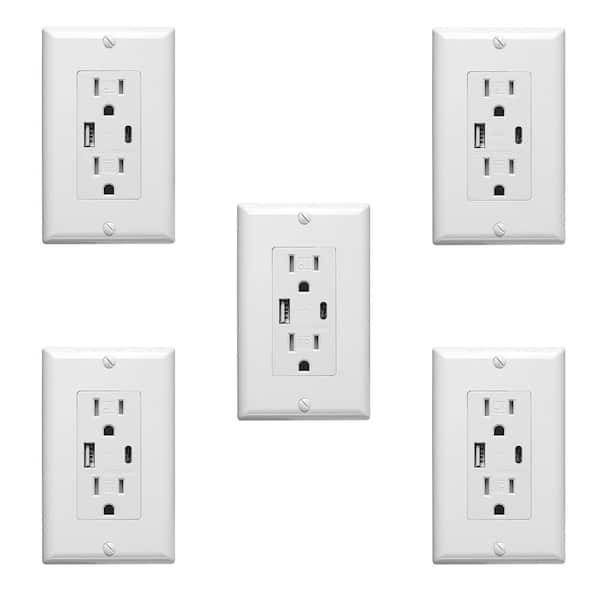 White 15 Amp Tamper Resistant Duplex Outlet with USB-A and USB-C Charger (5-Pack)