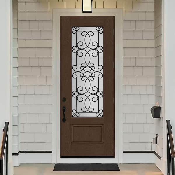 Regency 36 in. x 96 in. 3/4Lite Georgian Decorative Glass LHOS Hickory Mahogany Fiberglass Prehung Front Door