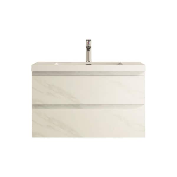 Angela 36 in. Single Jazz White Bath Vanity Wall-Mounted Floating Vanities with Gloss White Resin Stone Top 2-Drawers
